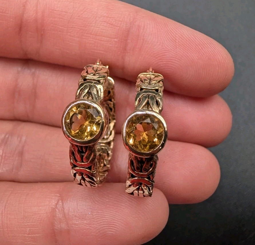 Sterling Silver Gold Vermeil Byzantine Citrine Gemstone OT Turkey Hoop Earrings