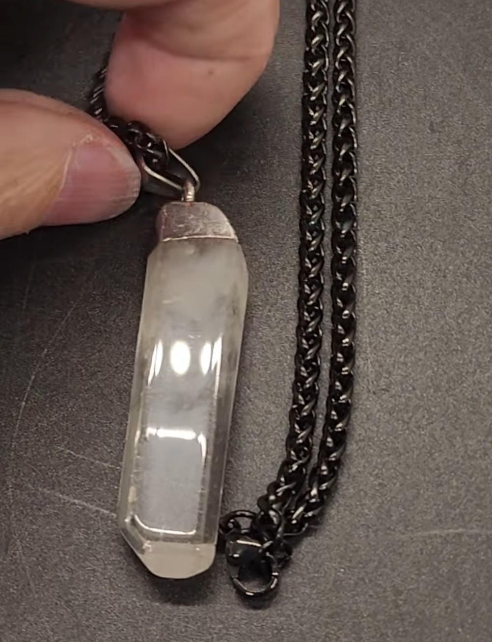 Clear Crystal Hexagon Point Pendant Necklace Black Rope Chain Silver Cap Setting