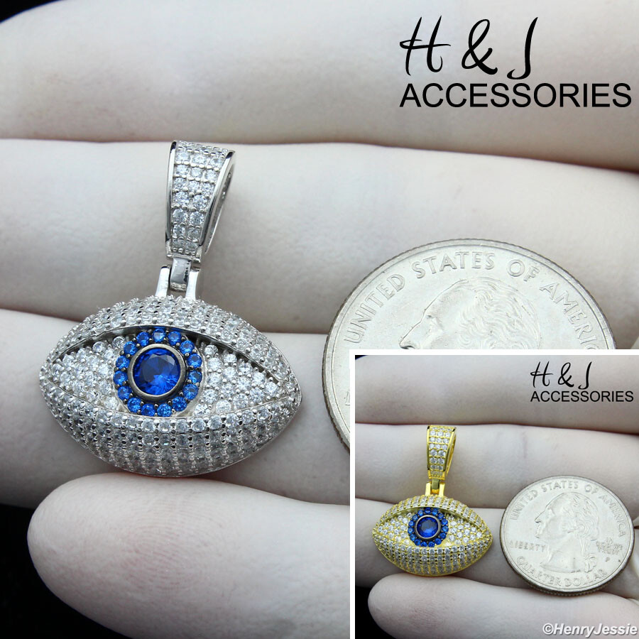 925 STERLING SILVER ICY BLING CZ BLUE EVIL EYE GOLD PLATED/SILVER PENDANT*ASP370
