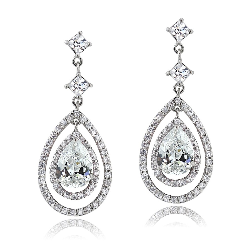 5.6 CZ Triple Teardrop Dangle Earrings Fine Silver Plate