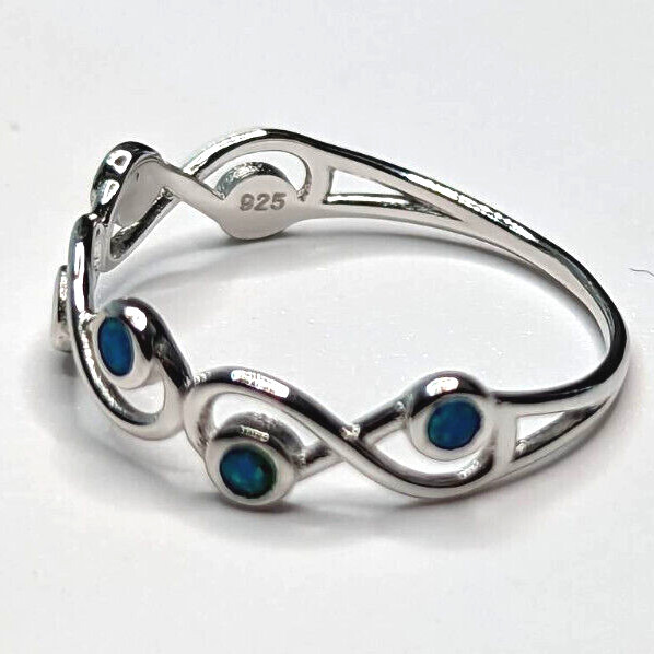 Infinity Promise Ring Lab Blue Opal Sterling Silver Band Size 4 to 10 NEW