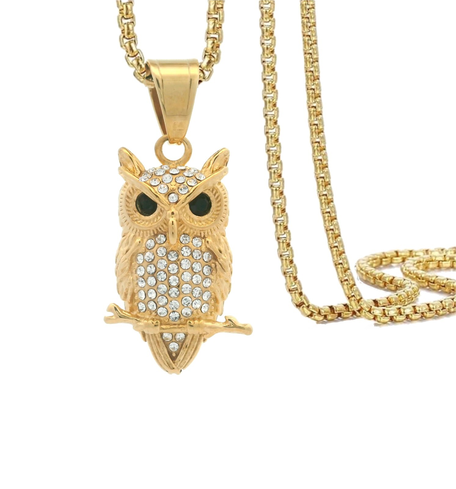 Tioneer Owl 14K Gold Plated Steel Pendants with CZ 24 inch Box Chain