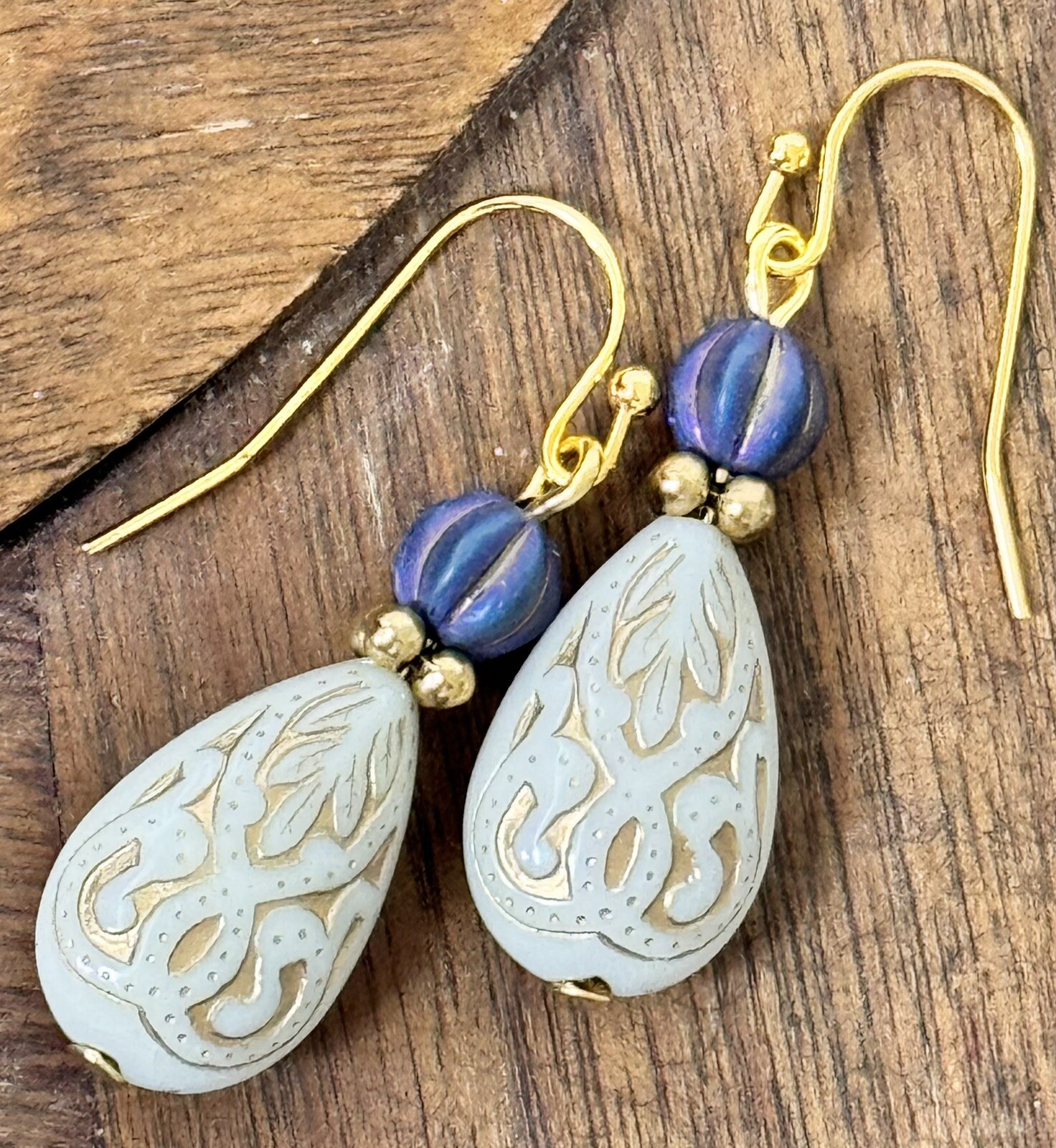 Beautiful Gold, Iridescent Blue and Etched Ivory Teardrop Dangle Earrings