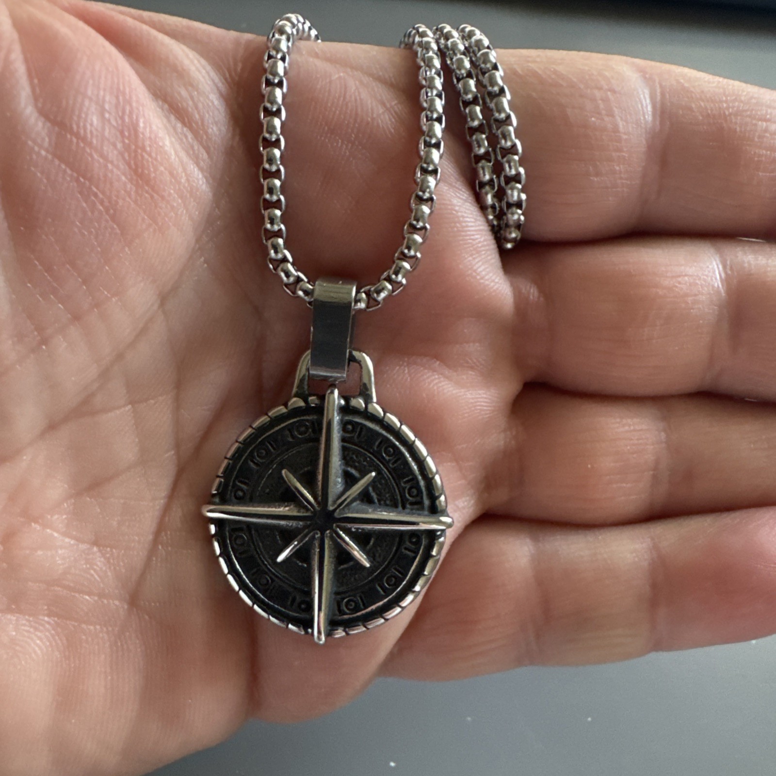 Viking Compass “North Star” or “Nautical Star” Silver Tone Pendant 24” Chain