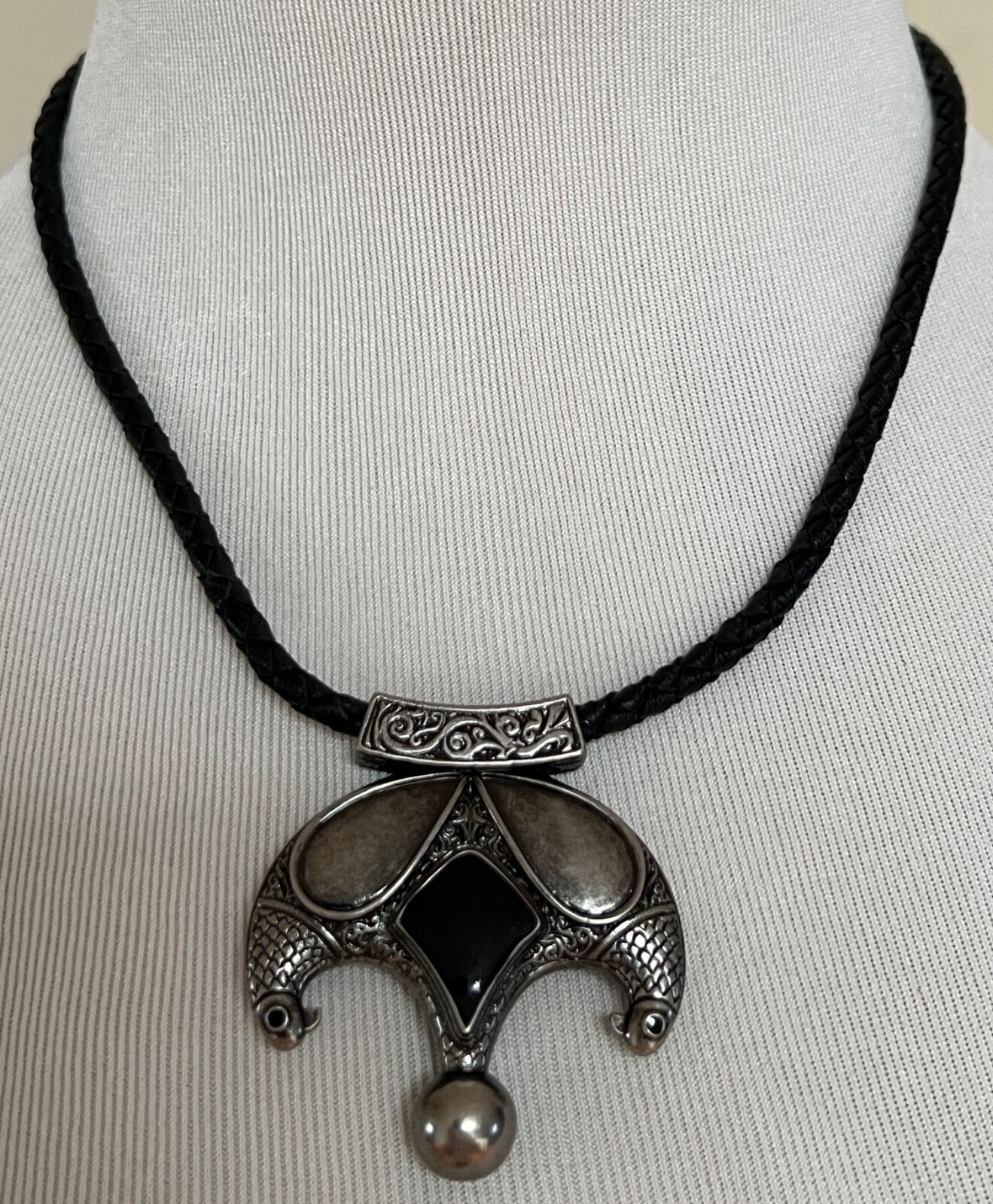 NIB Saint Laurent YSL Victorian Moon Black Braid Leather Pendant Necklace $1295