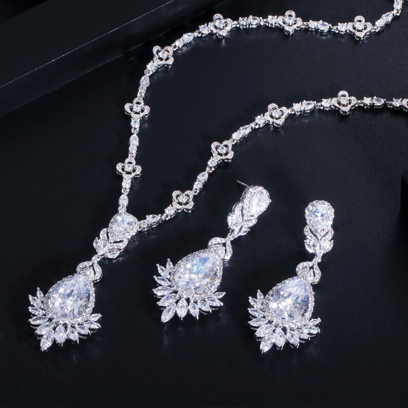 Wedding Jewelry White Gold Plated CZ Necklace and Earrings Bridal Jewelry Set