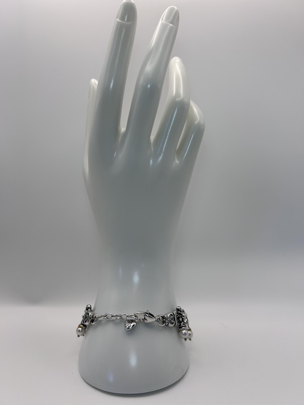 Brighton Bracelet Silver Tone Heart Charm Imitation Pearl Beaded Lobster Clasp