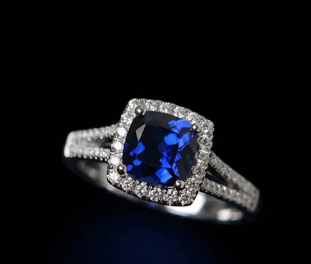 Cushion Cut Blue Sapphire Halo Engagement Ring, Sterling Silver Ring