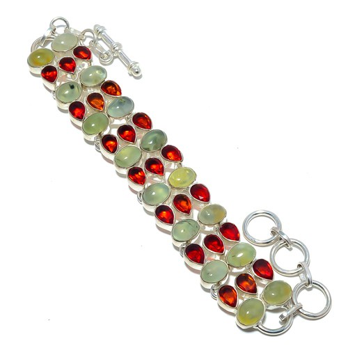 Prehnite & Garnet 925 Sterling Silver Ethnic Bracelet 7-7.99″ T47