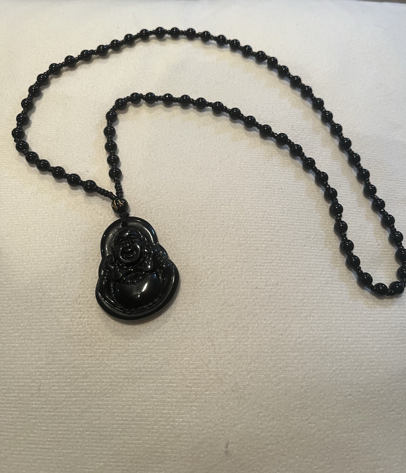 24” Bead Pendant Necklace Black Stone Type Laughing Buddha Amulet Vintage