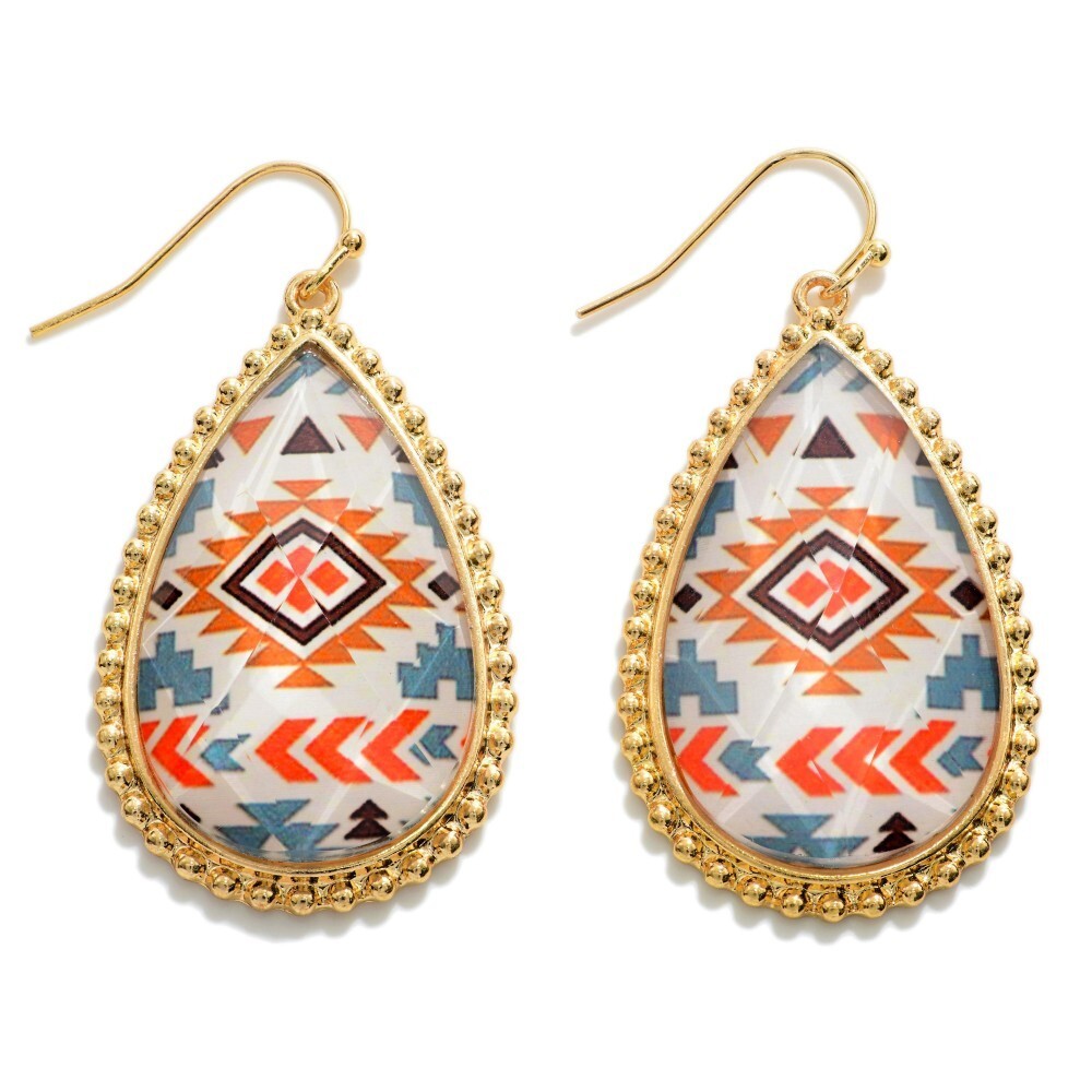 Cute Gold, Orange, Turquoise, Black, & White Aztec Print Teardrop Earrings