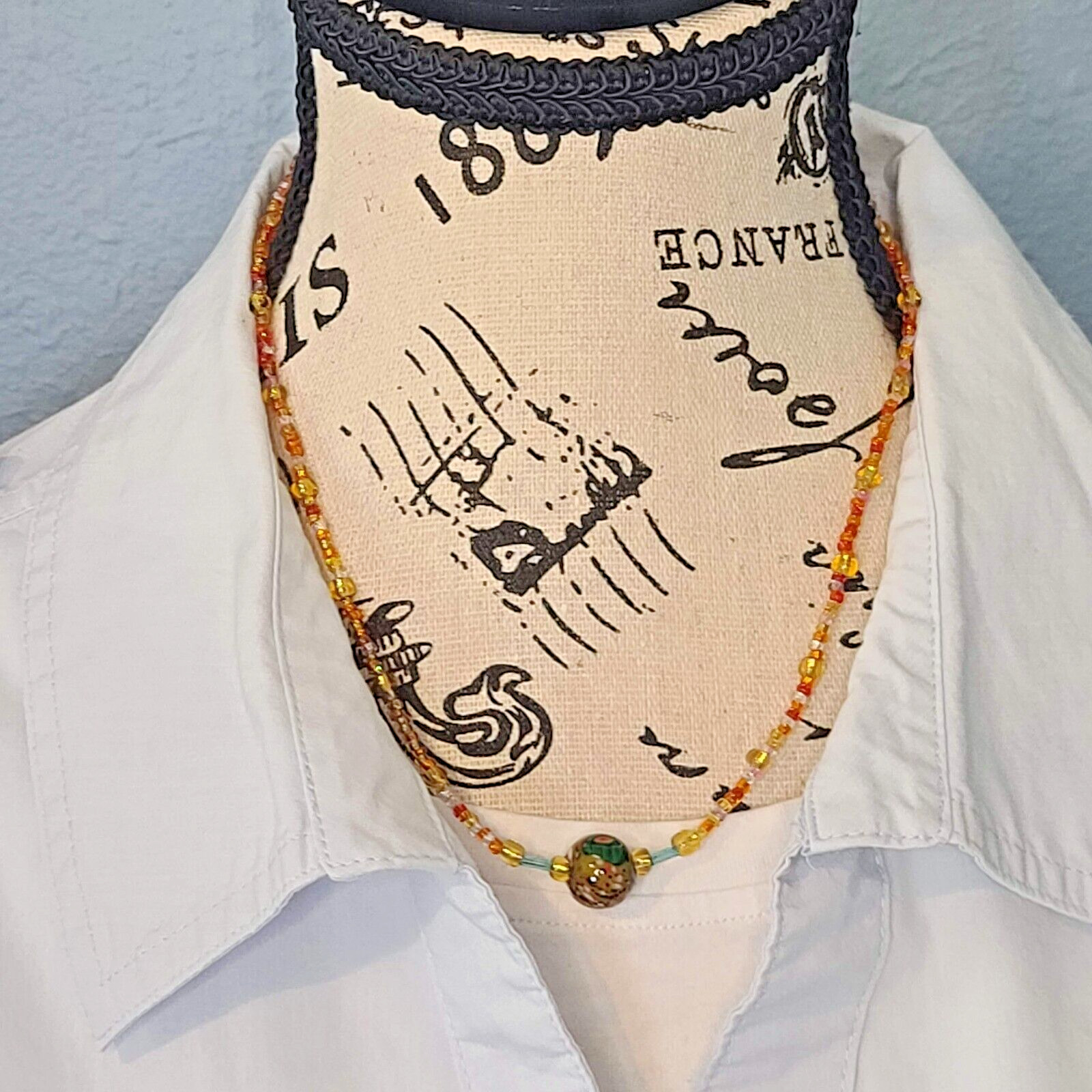 Orange, Yellow & Clear Seed Bead Necklace w Multi-Color Swirled Glass Pendant