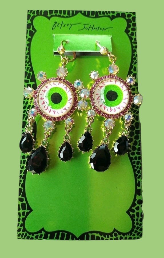 Betsey Johnson Earrings Dangle Drop Evil Eye With Black Crystal Tears Multi