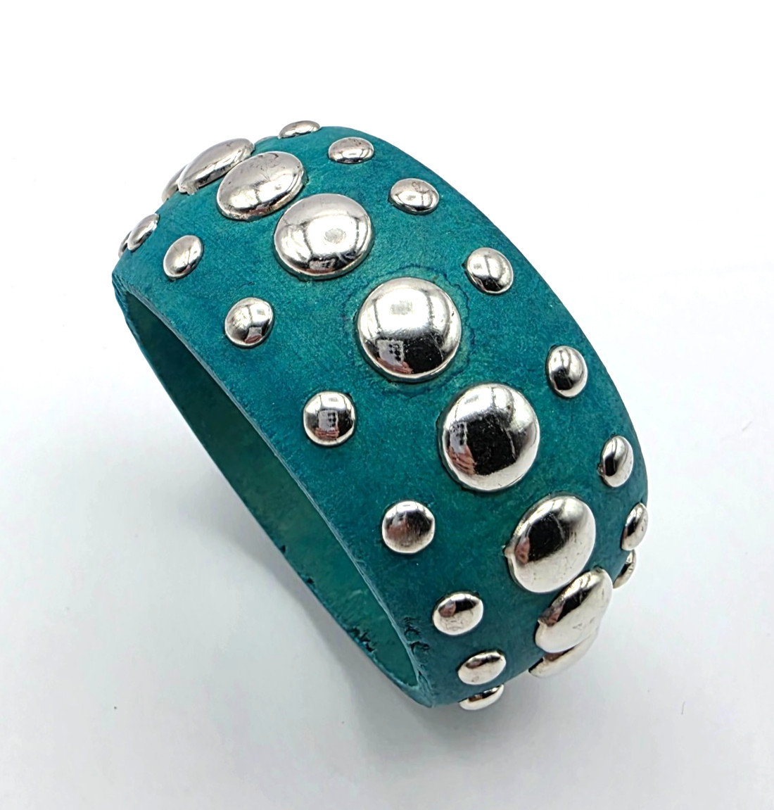 Wide Chunky Silver Tone Studded Wooden Bangle Blue Teal Bracelet Bold Statement