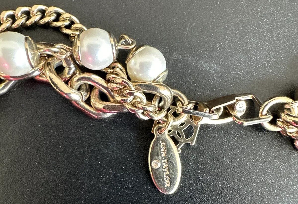 Ann Taylor Gold Plated Pearl Layered Chains Necklace Massive Long 30in. 20mm