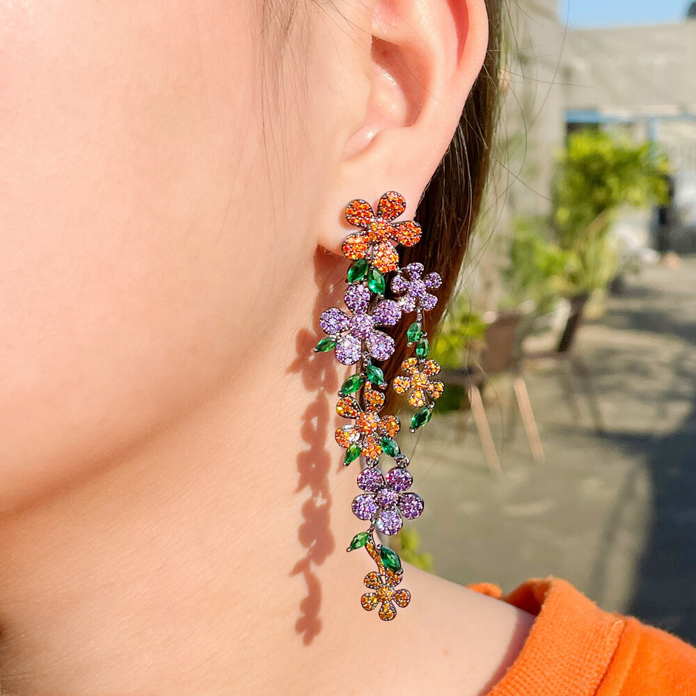 Cubic Zircon Flower Multicolor Leaf Dangle Drop Black Gold Plated Women Earrings