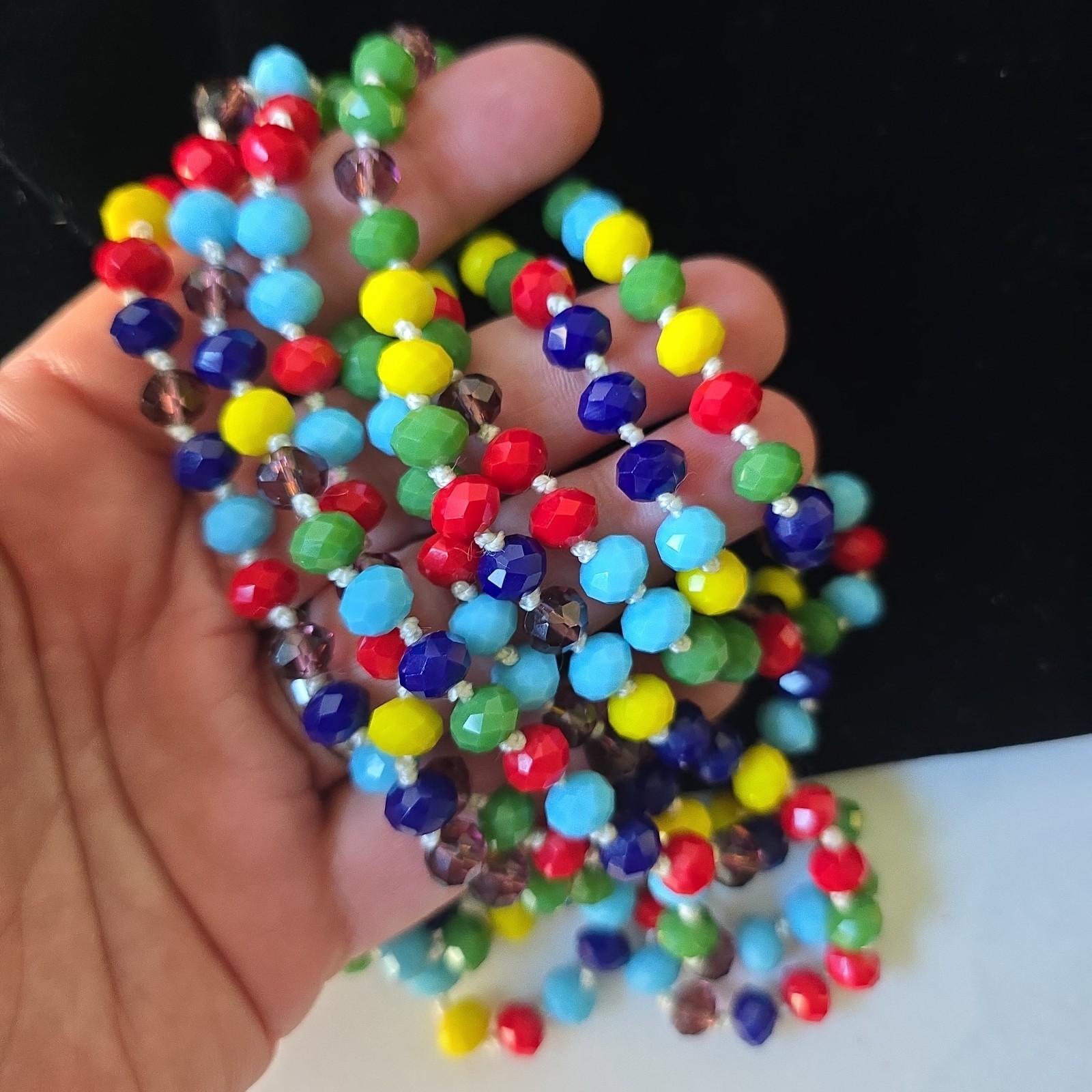 Colorful Faceted Glass beads hand Knotted Necklace Pull On 64″L