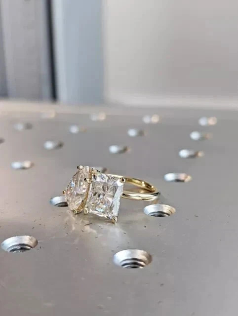 Pear & Radiant Cut Moissanite Two Stone Engagement Ring 14K Yellow Gold Plated