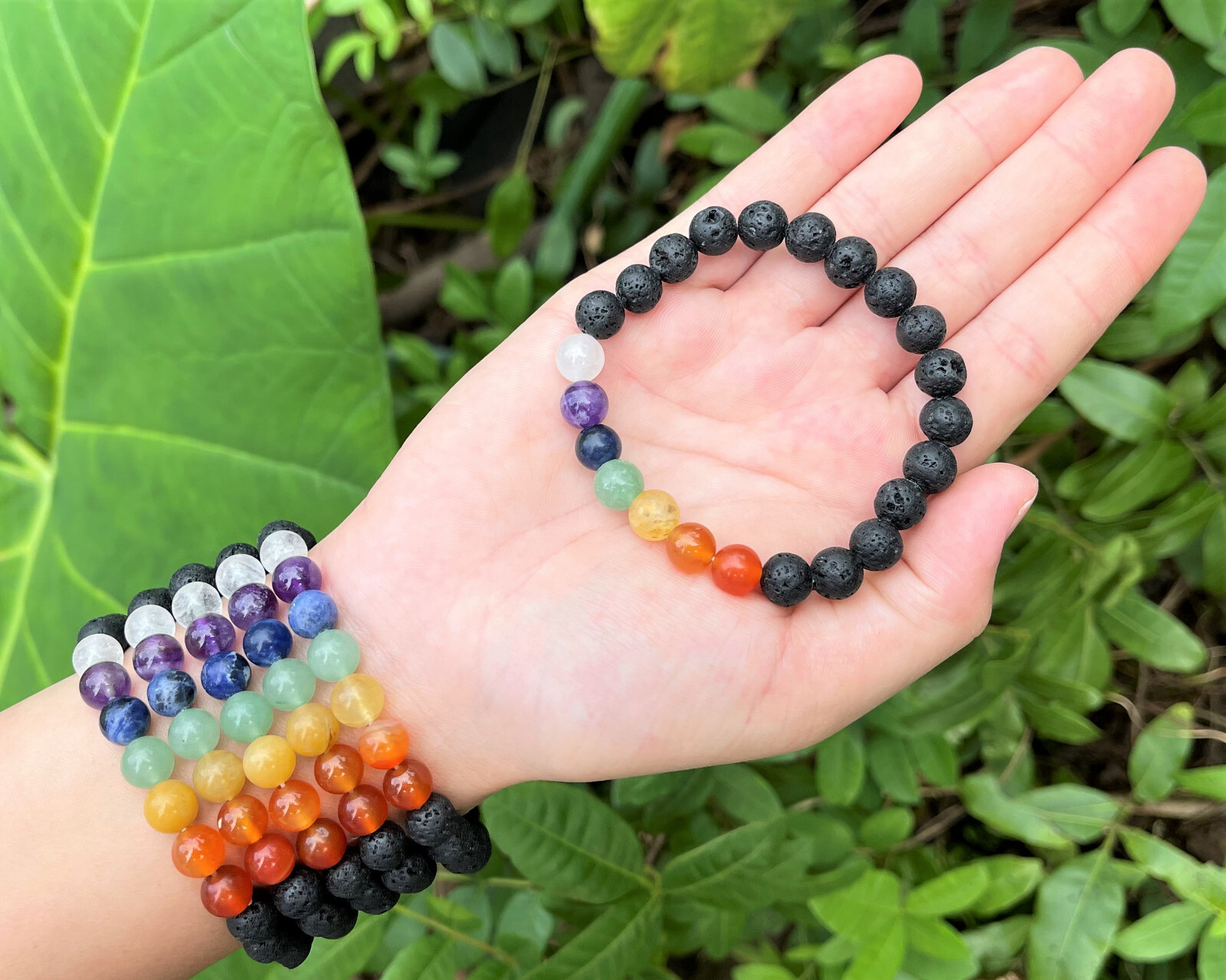 7 Chakra Lava Rock Bead Bracelet: 8 mm Round Crystals (Chakra Stretch Bracelet)