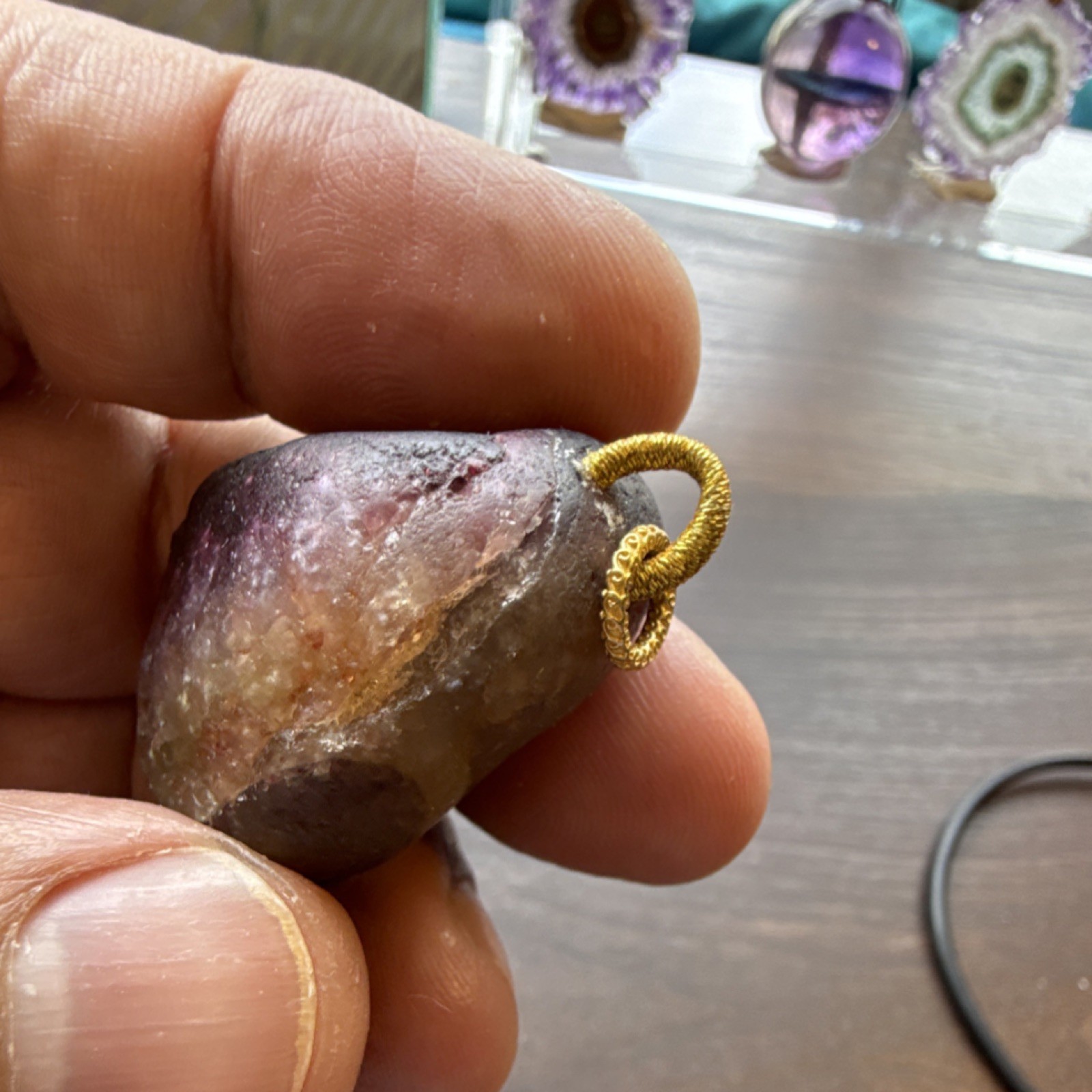 Tourmaline in Quartz Rubellite Stone Pendant Purple with 18k Gold Bail