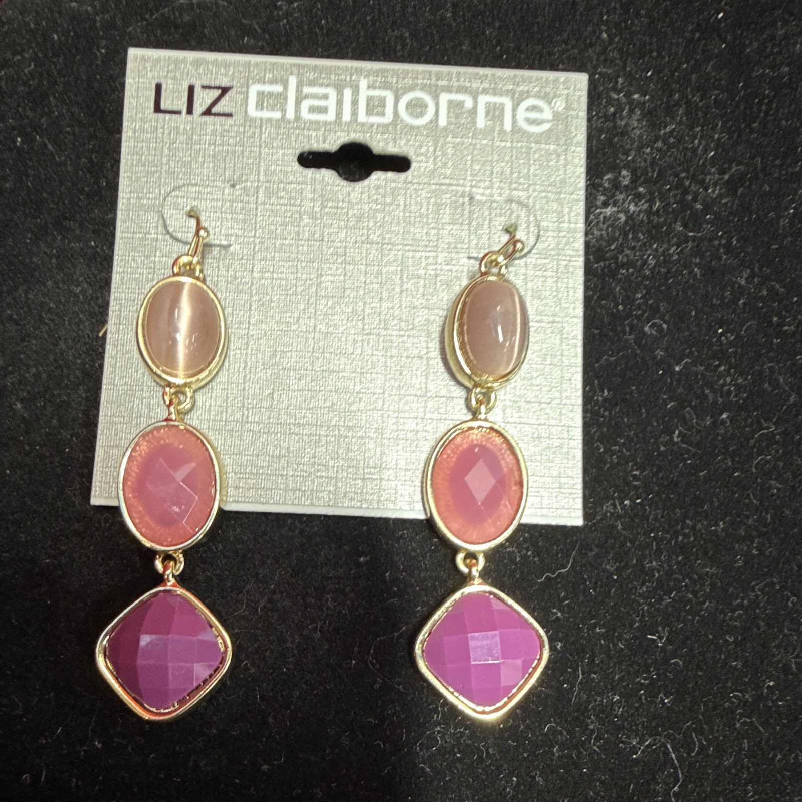 Liz Claiborne Gold Tone Pink Purple Oval Glass Dangle Drop Hook Earrings