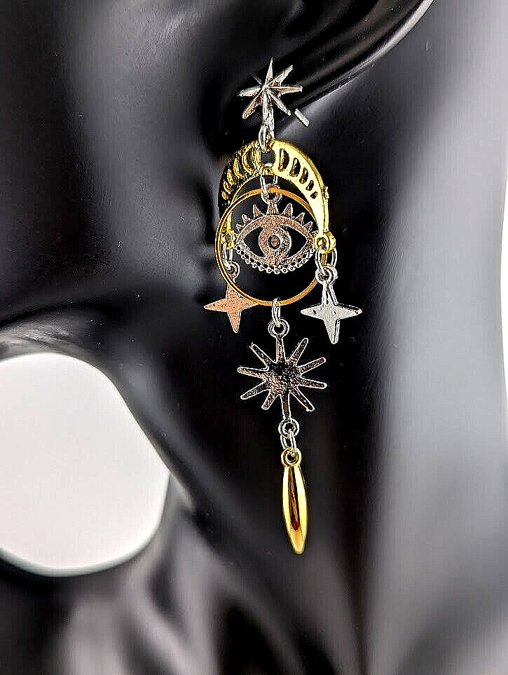 ASTROLOGY EARRINGS gold/ silvertone Evil Eye Star Moon Phase chandelier goth I4
