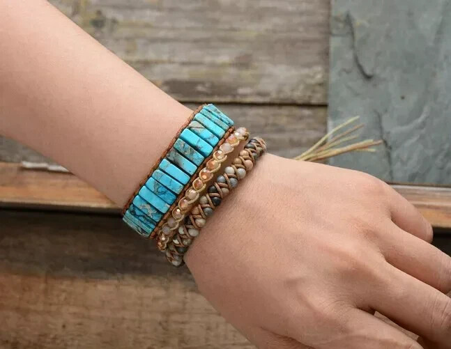 Handmade Natural Turquoise Leather Braided Bracelet for Protection Healing Gift