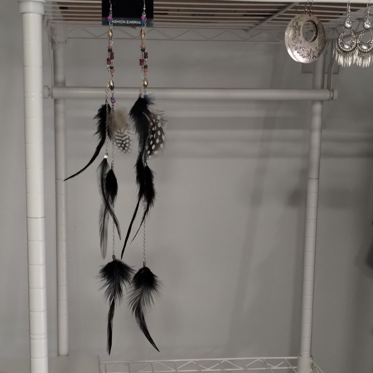 12 Inch Long Dangle/Drop Feather Earrings, Multicolor Beaded Silver-Tone Chain