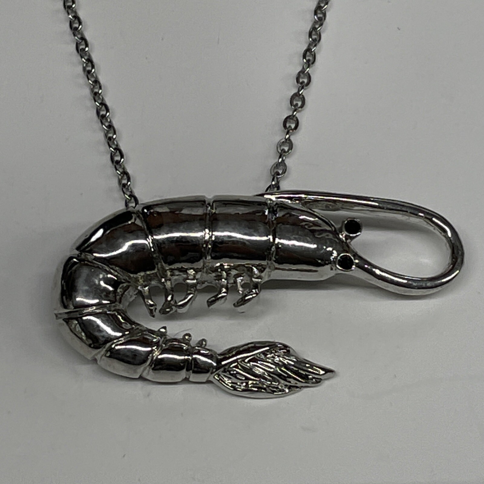 Shrimp Large Sea Life Silver Necklace 24” Stainless RealisticCoastal Jewelry NEW