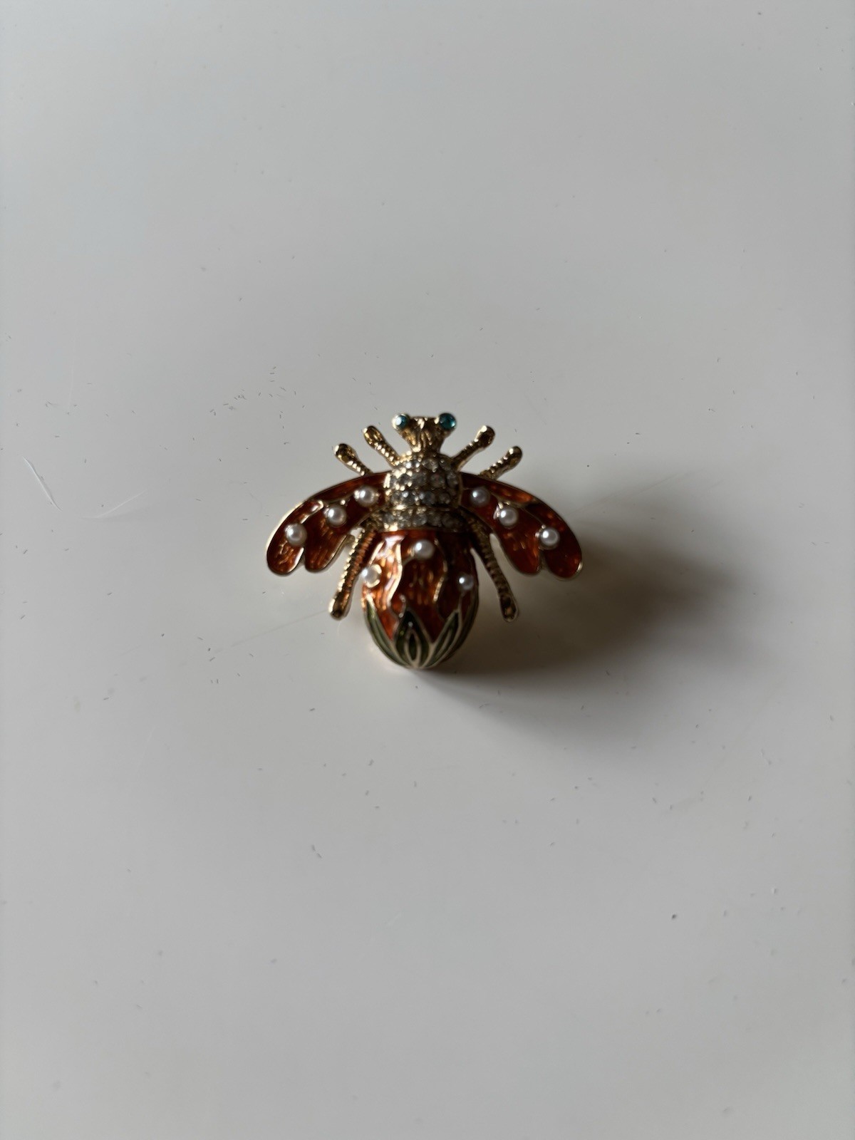 Vintage Bee Brooch Gold Tone Orange Enamel Faux Pearl Rhinestone Insect