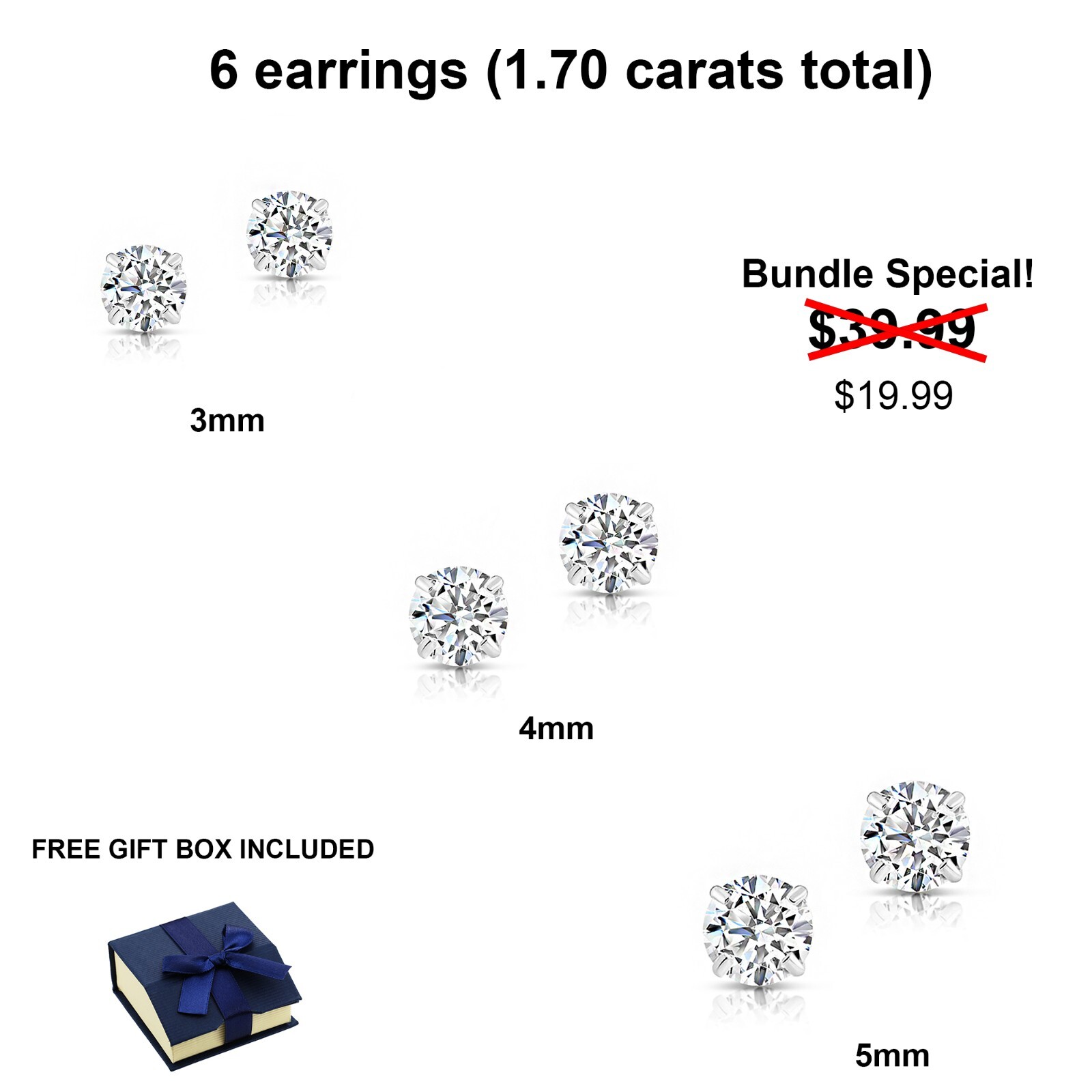 Set of 3! 925 Gold-tone Sterling Silver CZ Solitaire Stud Earrings Sleeper Studs