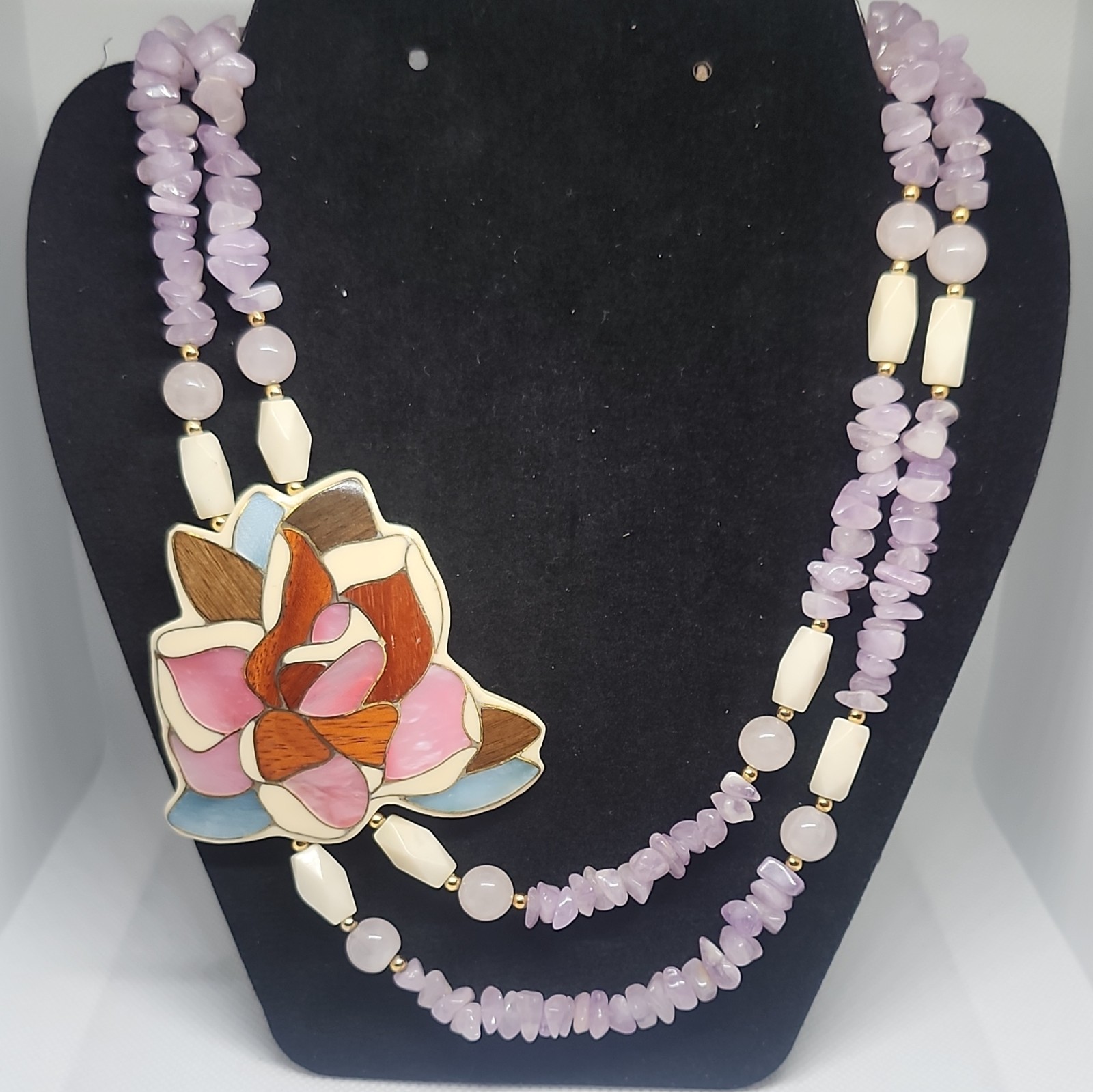 Purple Chip Beaded Necklace Flower Charm Pendant