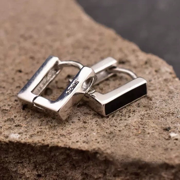 925 Silver Black Rectangle Hoop Earrings Unisex Geometric Square Hoops 083