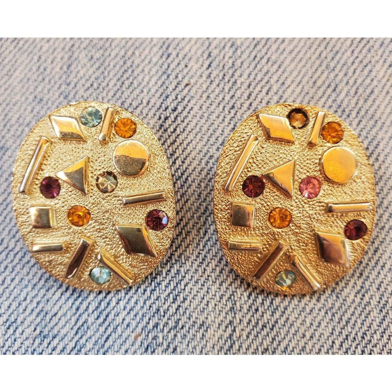 Sarah Coventry Confetti Rhinestone Clip-On Earrings Vintage Gold Tone
