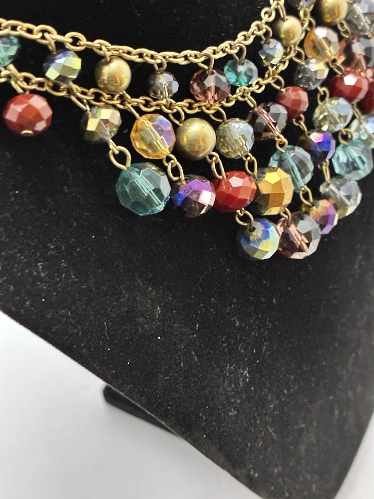 Jules Signed Gold Tone Layered Statement Necklace Multicolor Glass Beads Adj