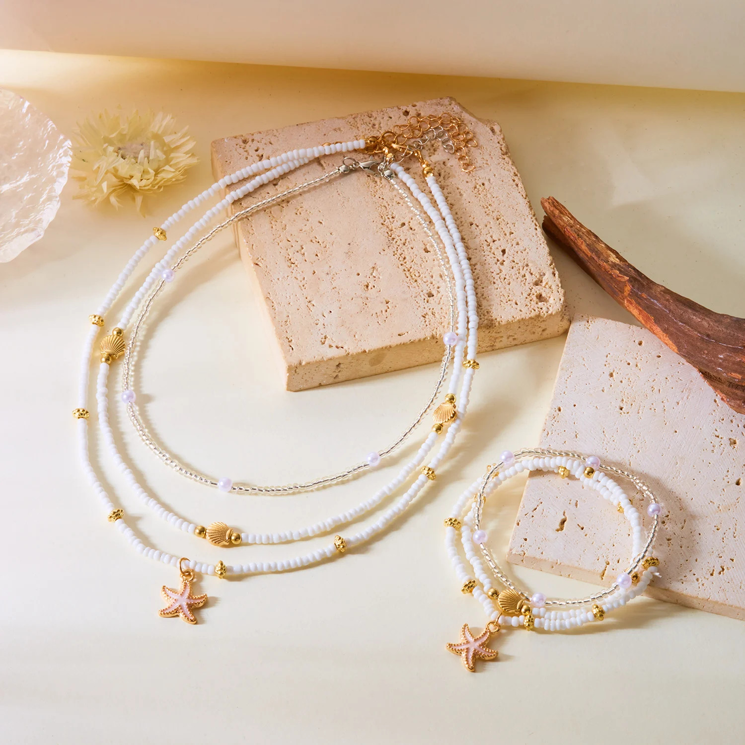Handmade Shell Starfish Anklets for Women Bohemian Multilayer Rice Beads Bracele