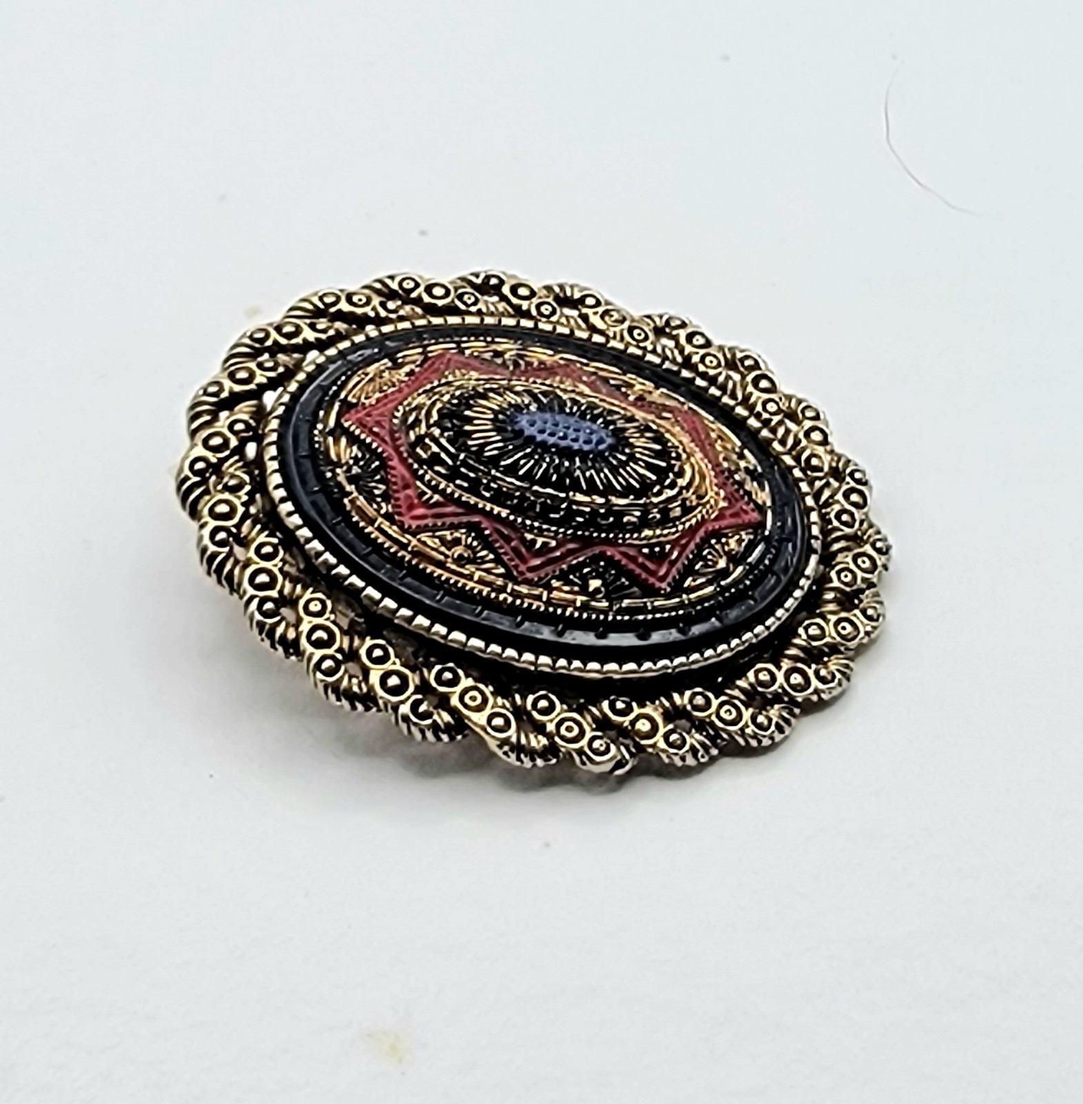 Sarah Coventry Brooch/ OR Pendant Gold Tone Red Black Enamel Oval Dome Detailed