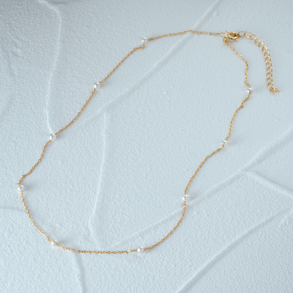 925 Sterling Silver Dainty Pearl Bead Station Chain Necklace for Women