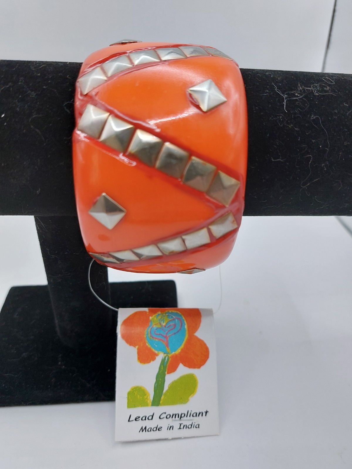 Chunky Summer Orange Bangle Bracelet With Silvery Look Accent Designs SZ 8