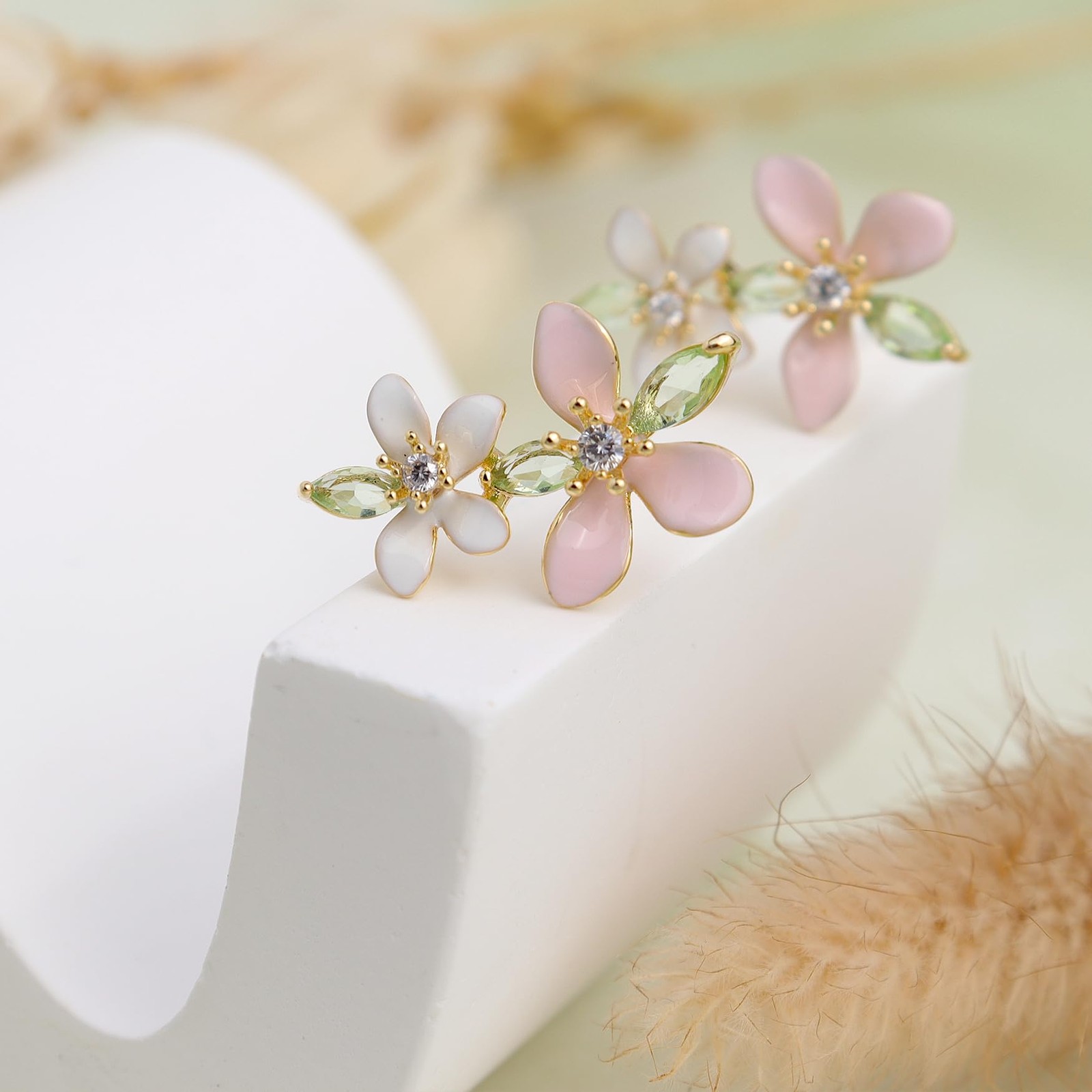 Double Flower Dangle Drop Stud Earrings for Women, Cute Pink White Leaf Floral R