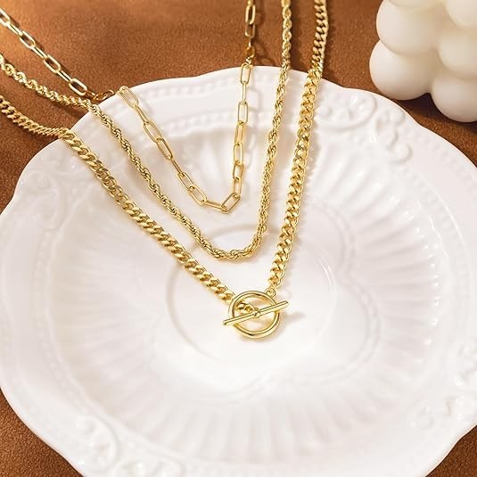 Layered Necklaces for Women Non Tarnish- Chunky 14K Gold Plated Herringbone