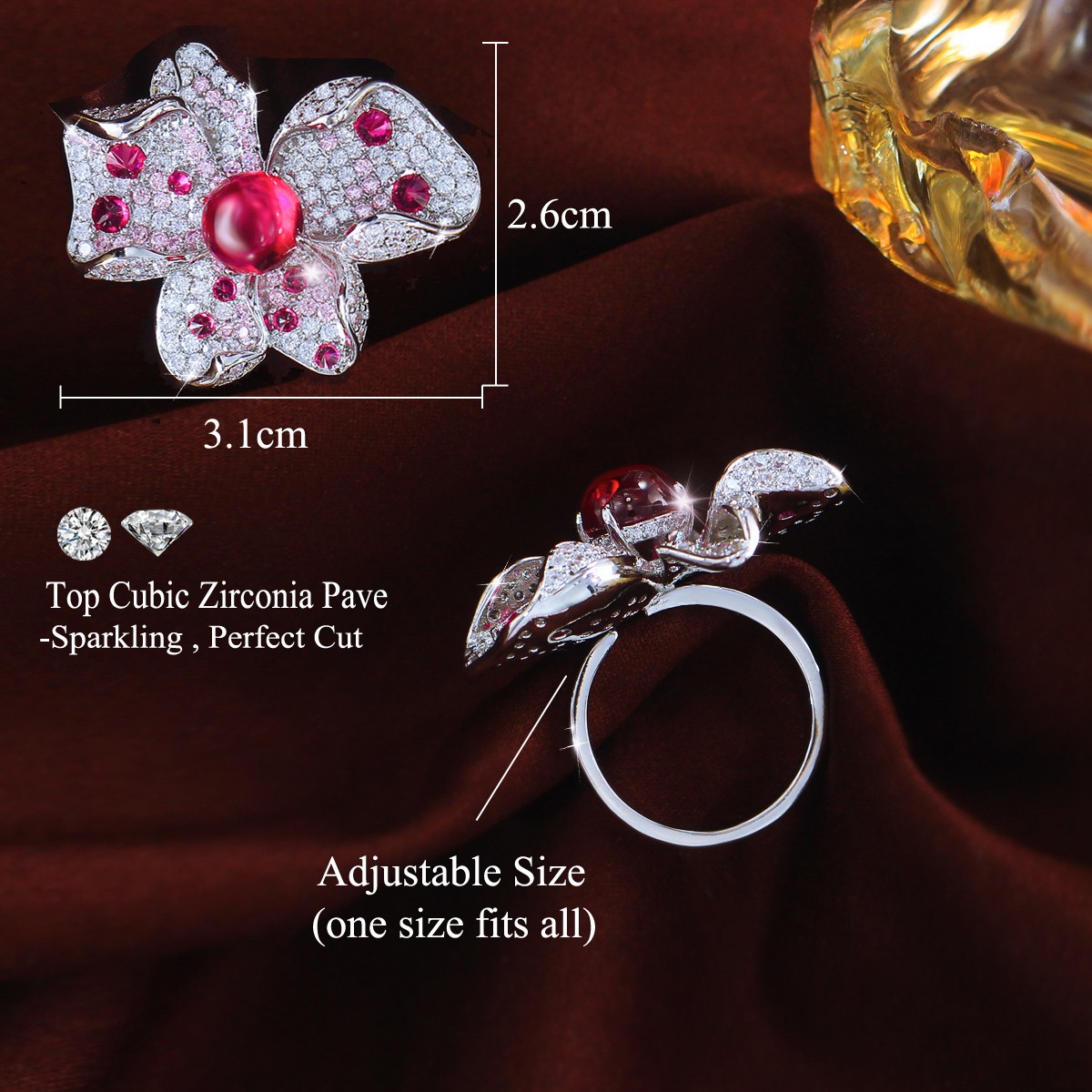 Pretty Big Flower Adjustable Ring Silver Plated Cubic Zirconia Women Bridal Gift