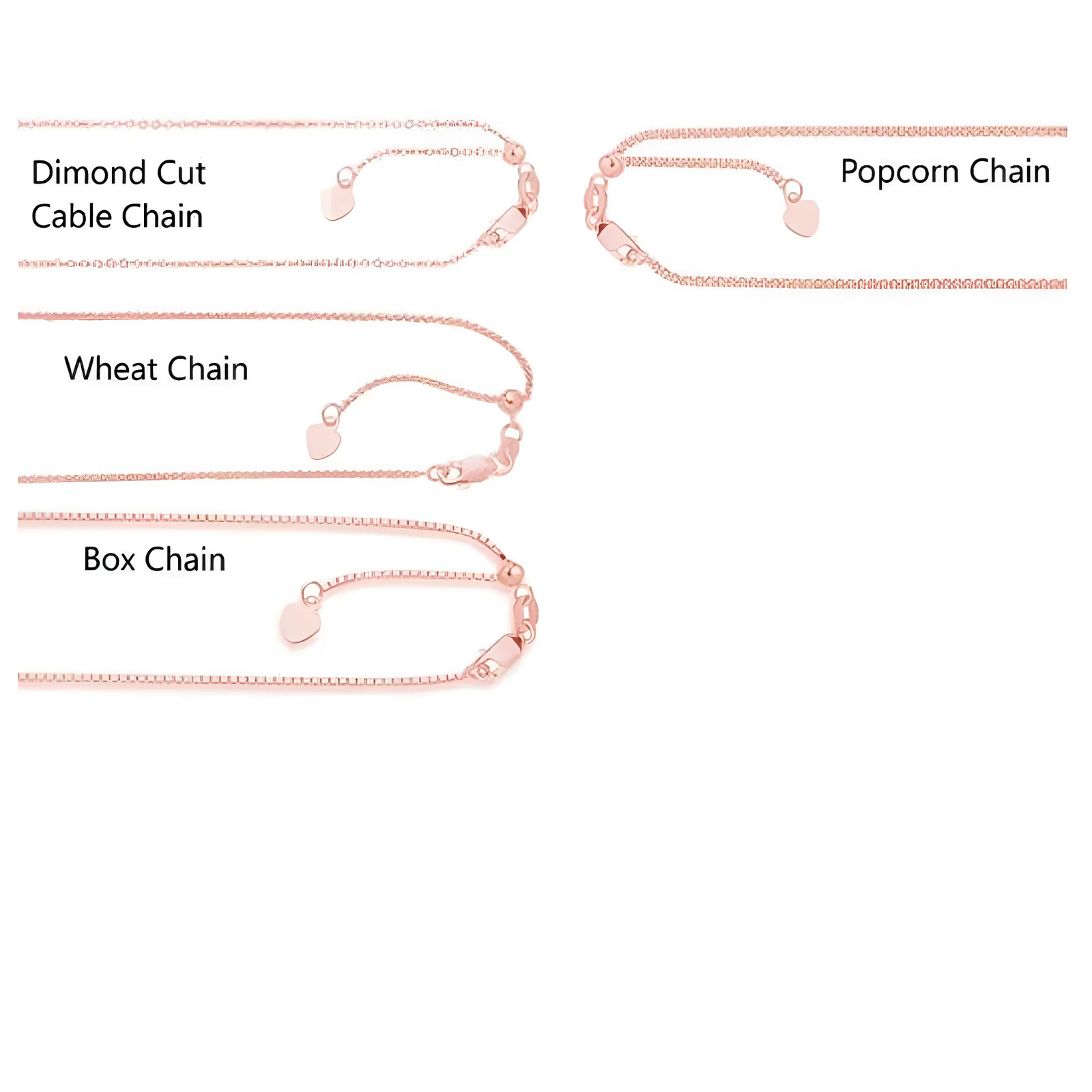 14K Solid Rose Gold Chain Necklace Box Cable Wheat Franco Adjustable 0.7mm-1.7mm