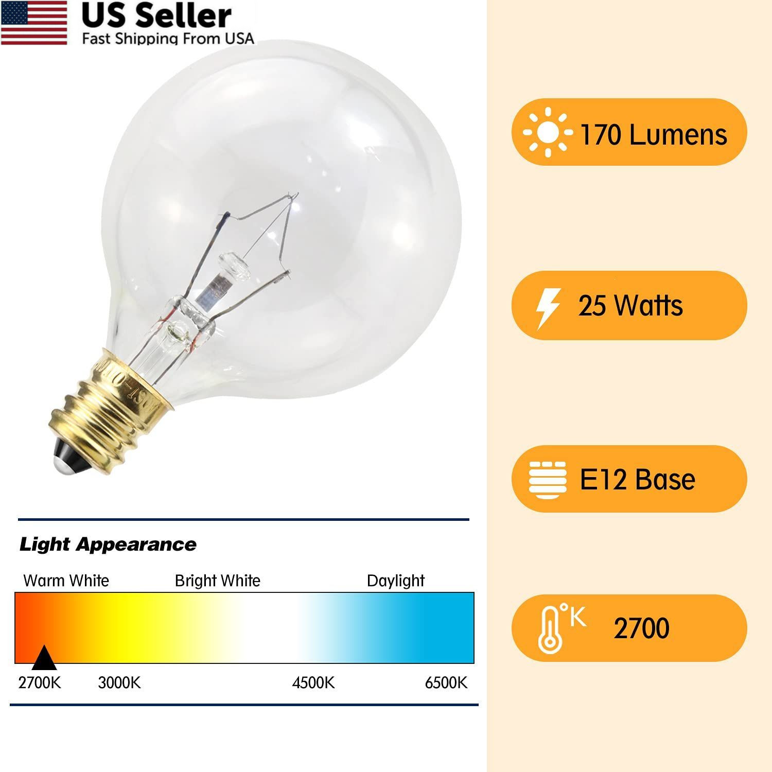 ETwinCoo Wax Warmer Light Bulbs, G50 25 Watt for 6 Count (Pack of 1), Clear