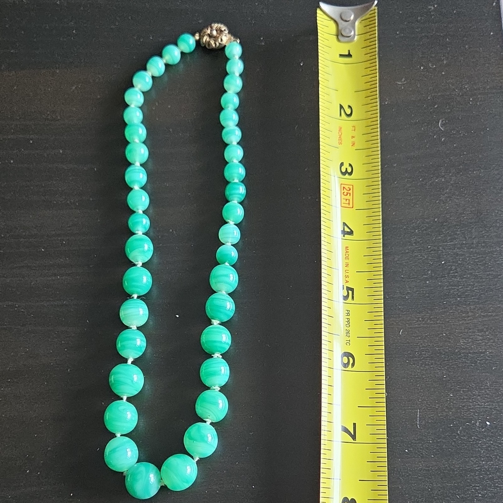 Vintage Bergere Green Round Beaded Necklace, Signed, Box Clasp, 17 in