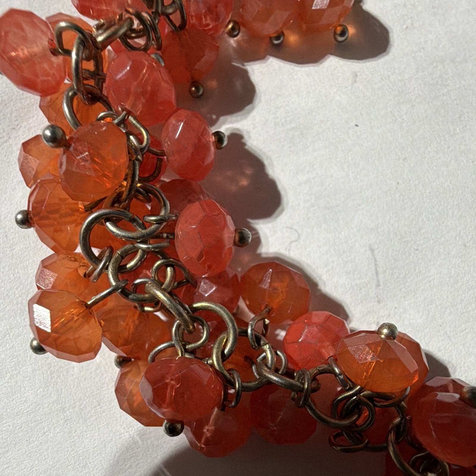 Silver Tone Snake Chain Statement Necklace Orange Round Crystal Beads, Lobster