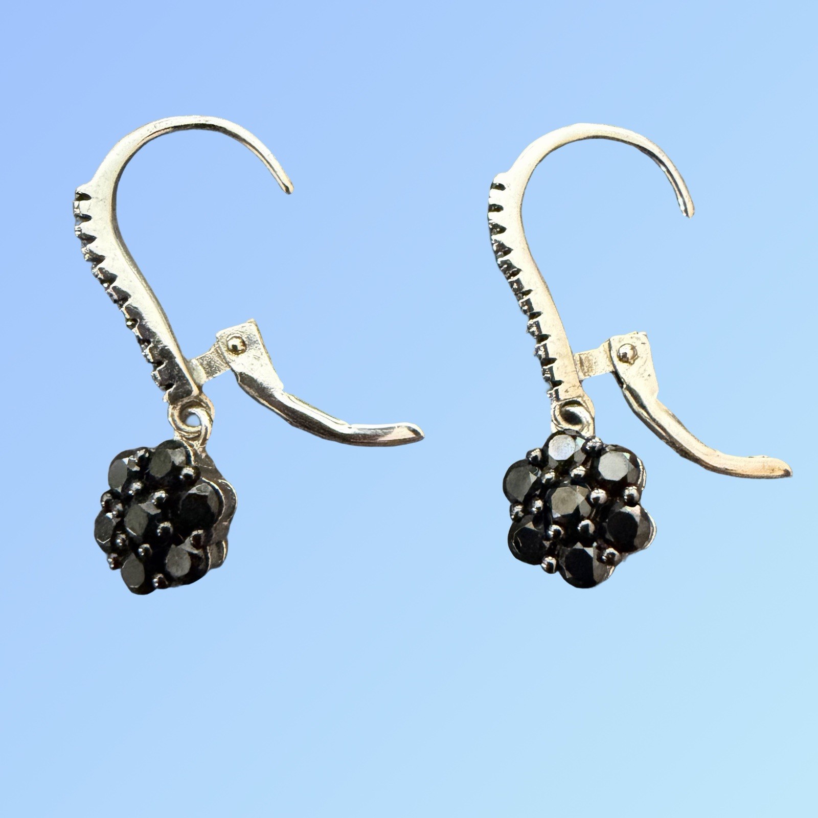FZN Sterling Silver 925 Black Spinel Flower Cluster Leverback Drop Earrings CN