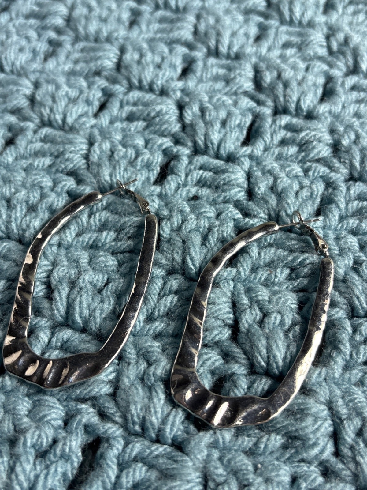 Silvertone Textured Oval Hoop Earrings 2.25 inches