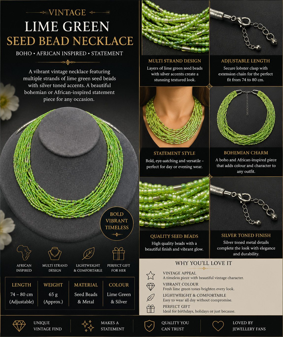 Vintage Lime Green Multi Strand Seed Bead Necklace Boho African Statement 74-80c