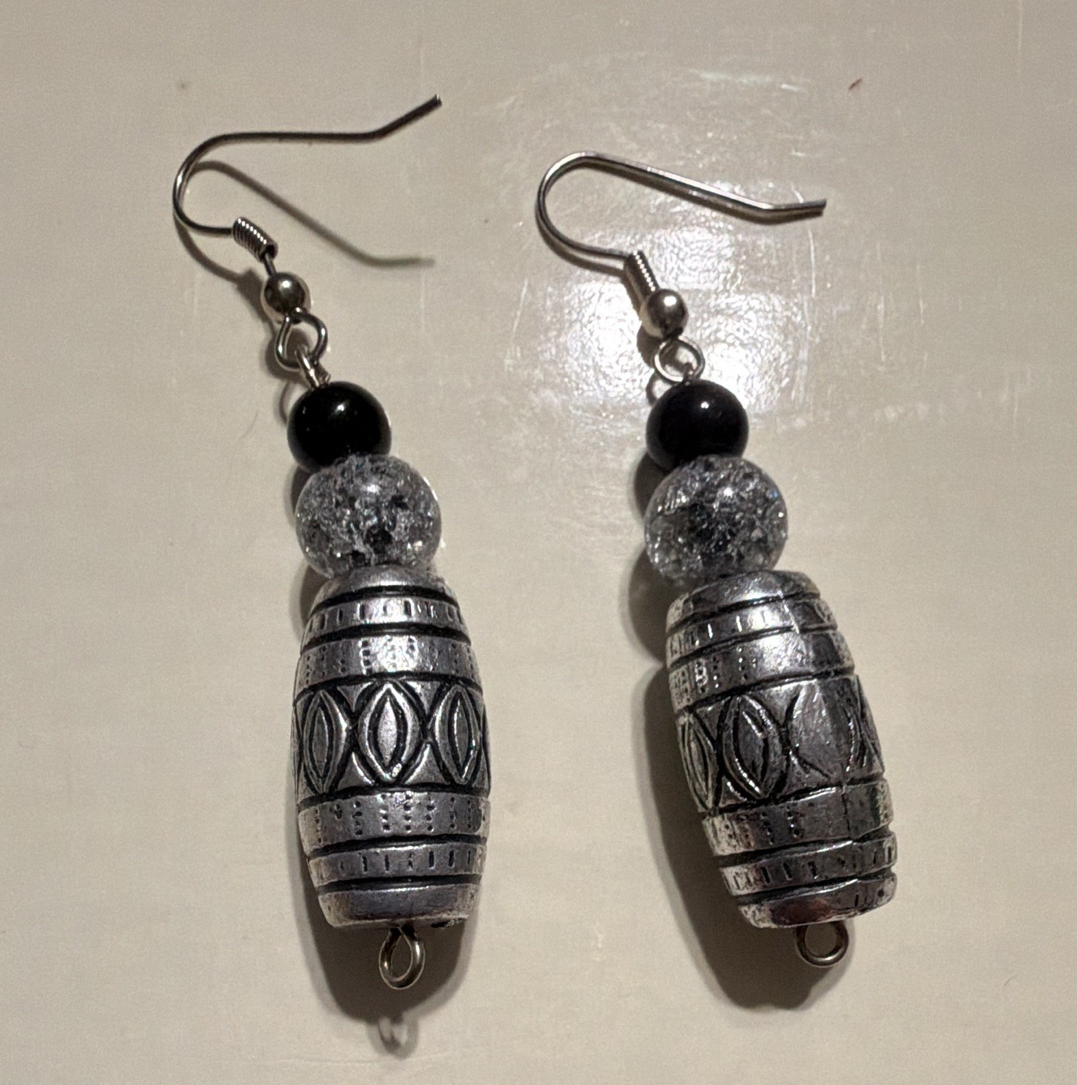 Silver Tone Barrel Bead Dangle/Drop Earrings, Hook Closure, Black Clear Glass